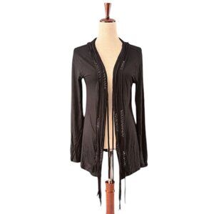 Kenar Women's Cardigan Duster Open Front Tie Black Beaded Long Sleeve Small EUC